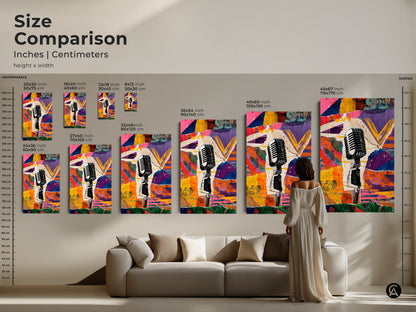 Size comparison of the Retro Microphone Collage. Various sizes are available to fit any space from 8x12 inches to 45x67 inches. See how it looks above a couch. Find the right size for your decor.