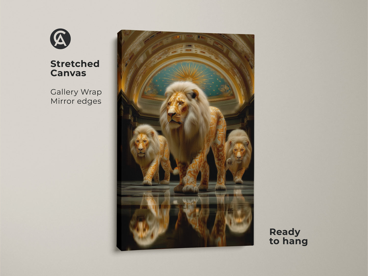 This gallery wrapped canvas art presents an abstract gold lion. The royalty animal wall art is ready to hang. Mirror edges enhance this stretched canvas piece. Ideal for office executive decor offering an eclectic home wall art vibe.