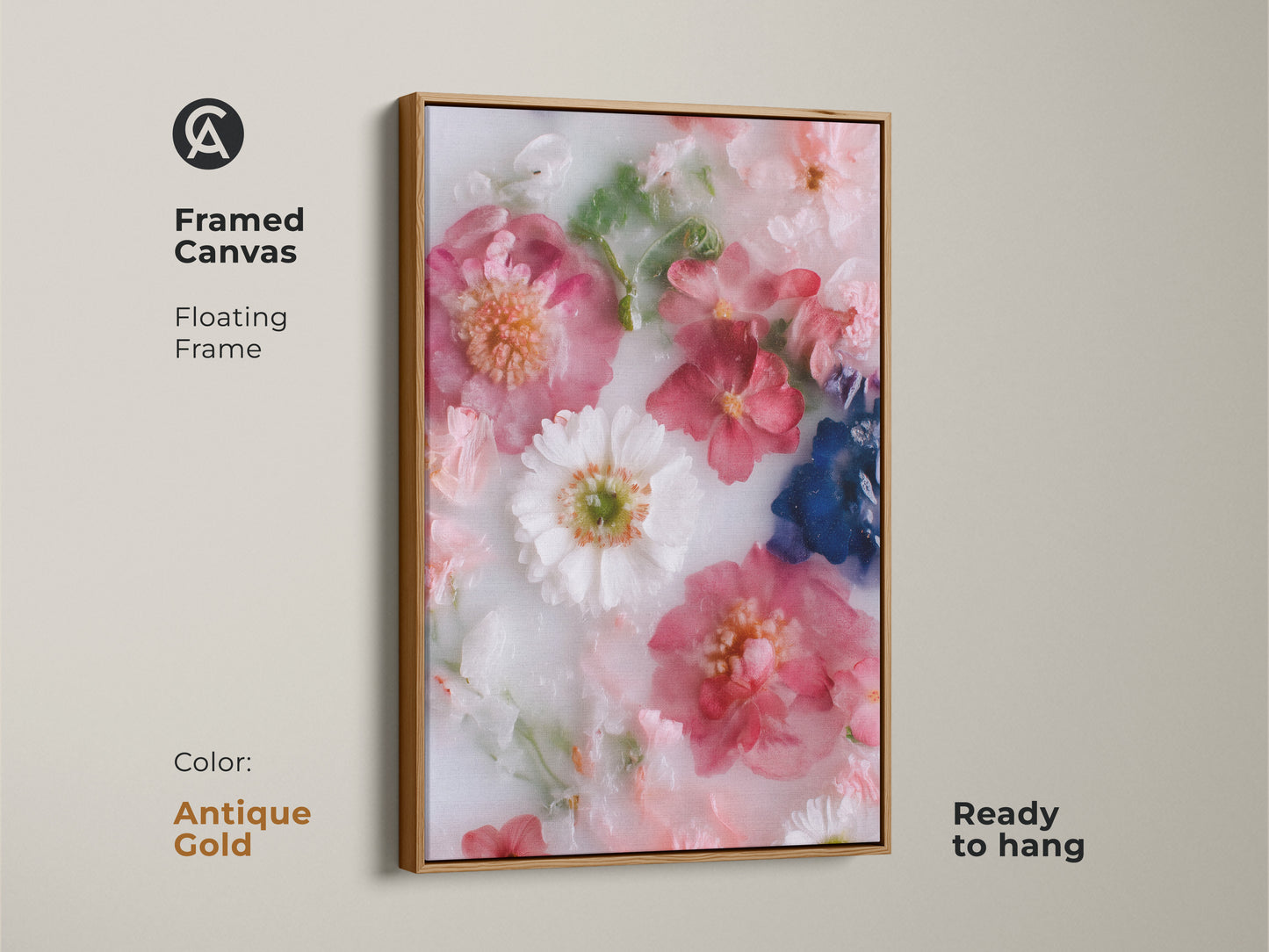 Framed canvas with a floating antique gold frame displaying modern botanical art. This pink flower art print complements contemporary bedroom decor. Ready to hang minimalist floral artwork is an ideal housewarming gift. Soft pink botanical print creates a serene atmosphere in any room.