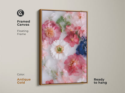 Framed canvas with a floating antique gold frame displaying modern botanical art. This pink flower art print complements contemporary bedroom decor. Ready to hang minimalist floral artwork is an ideal housewarming gift. Soft pink botanical print creates a serene atmosphere in any room.
