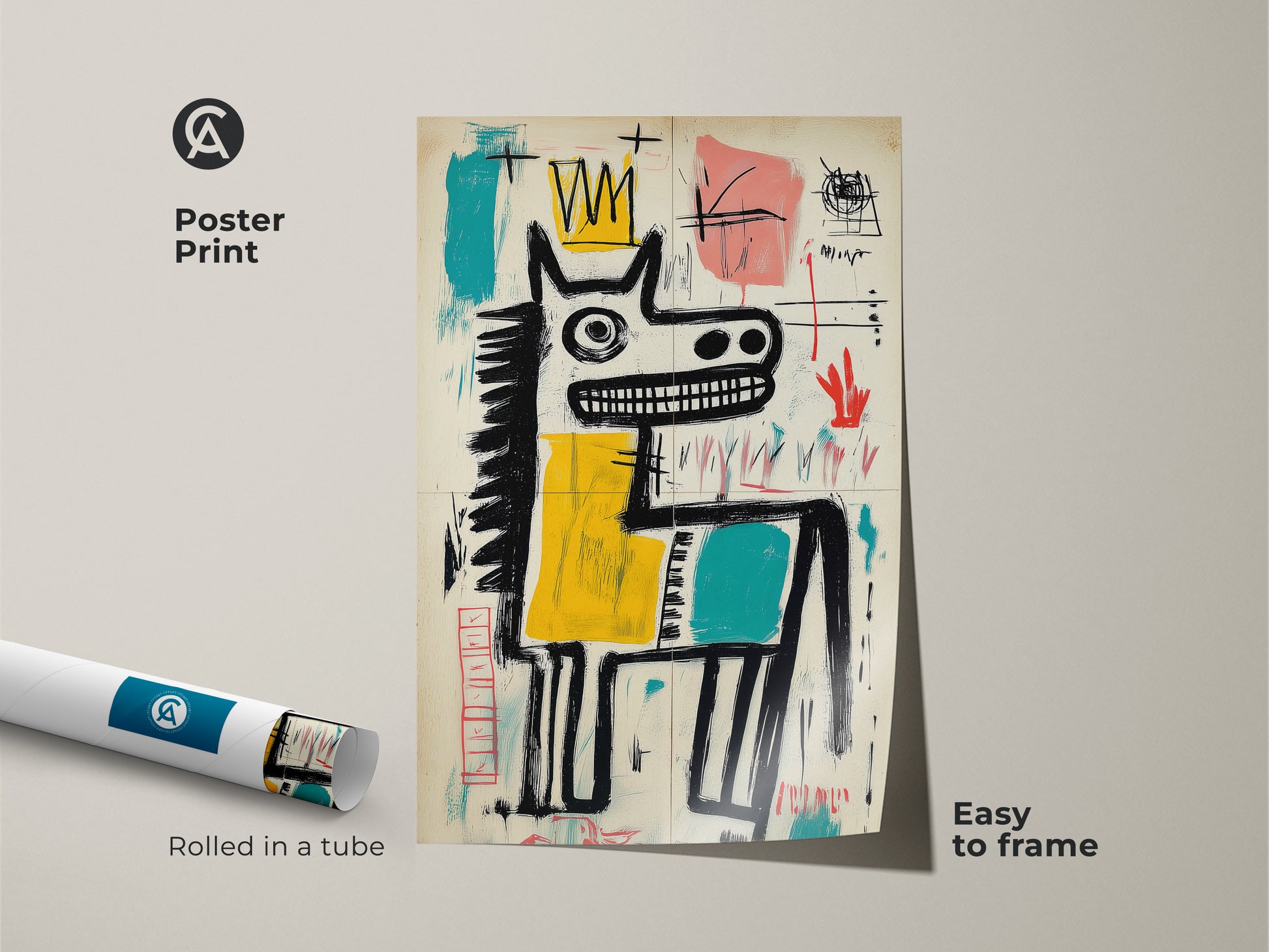Poster print of a horse with a crown. This abstract artwork is rolled in a tube for protection. It's easy to frame and display. Ideal for adding an artistic touch to any room. A great art piece.