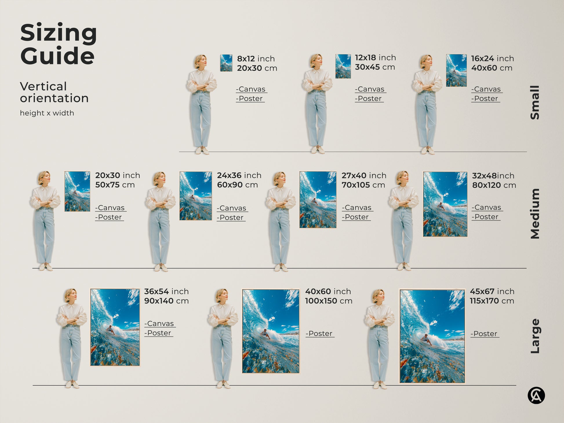 Sizing guide for vertical surfing artwork. Available in small medium and large sizes. Options include canvas and poster prints. Visualize the perfect fit for your space. Transform your walls with stunning surfing art. Find the ideal size to capture the energy of the ocean.