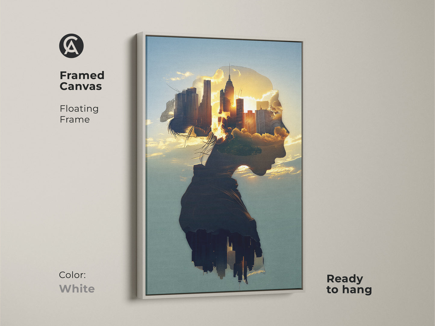 Framed Canvas showcasing double exposure cityscape artwork in a White floating frame. A surreal female profile merges with a golden hour city skyline. The contemporary artwork is ready to hang as modern home office art. The urban landscape is perfect as bedroom decor.