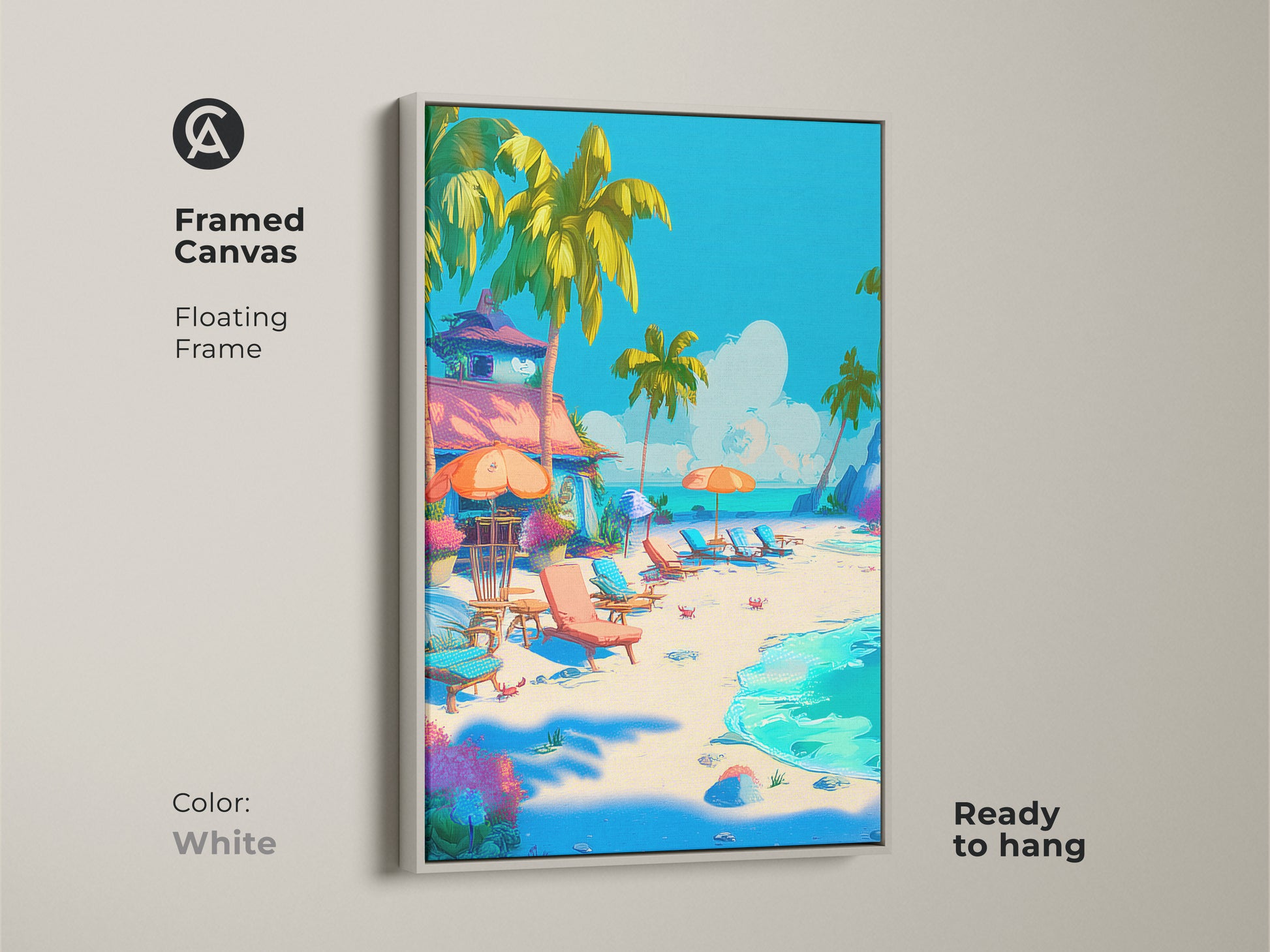 Framed canvas print of a tropical beach with a white floating frame. The artwork captures a serene beach scene with palm trees and lounge chairs. Ready to hang it brings a fresh coastal vibe to your home decor.