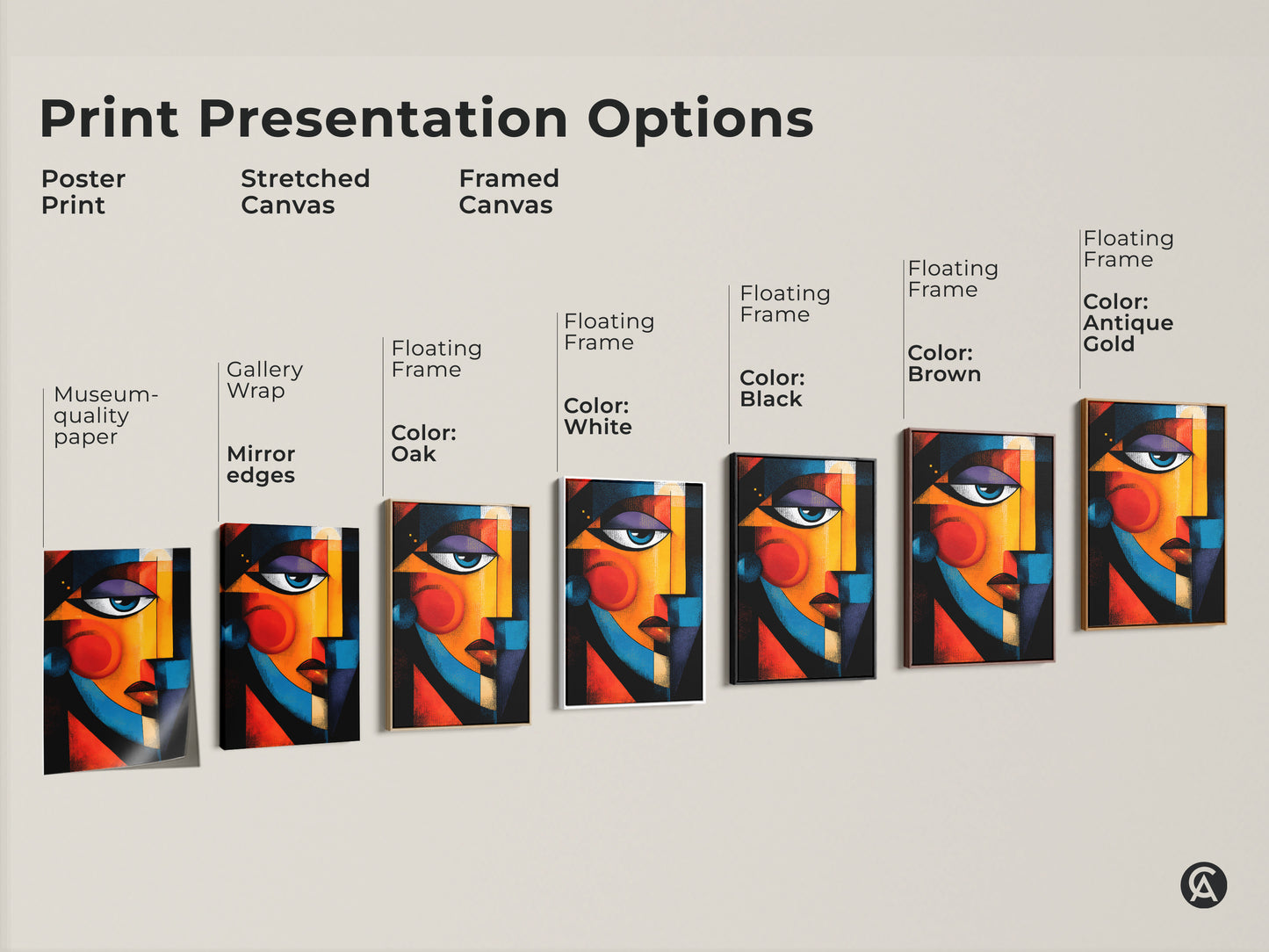 Explore print presentation options for abstract face artwork. Choose from poster prints stretched canvas or framed canvas. Customize with floating frames in various colors to match your style.