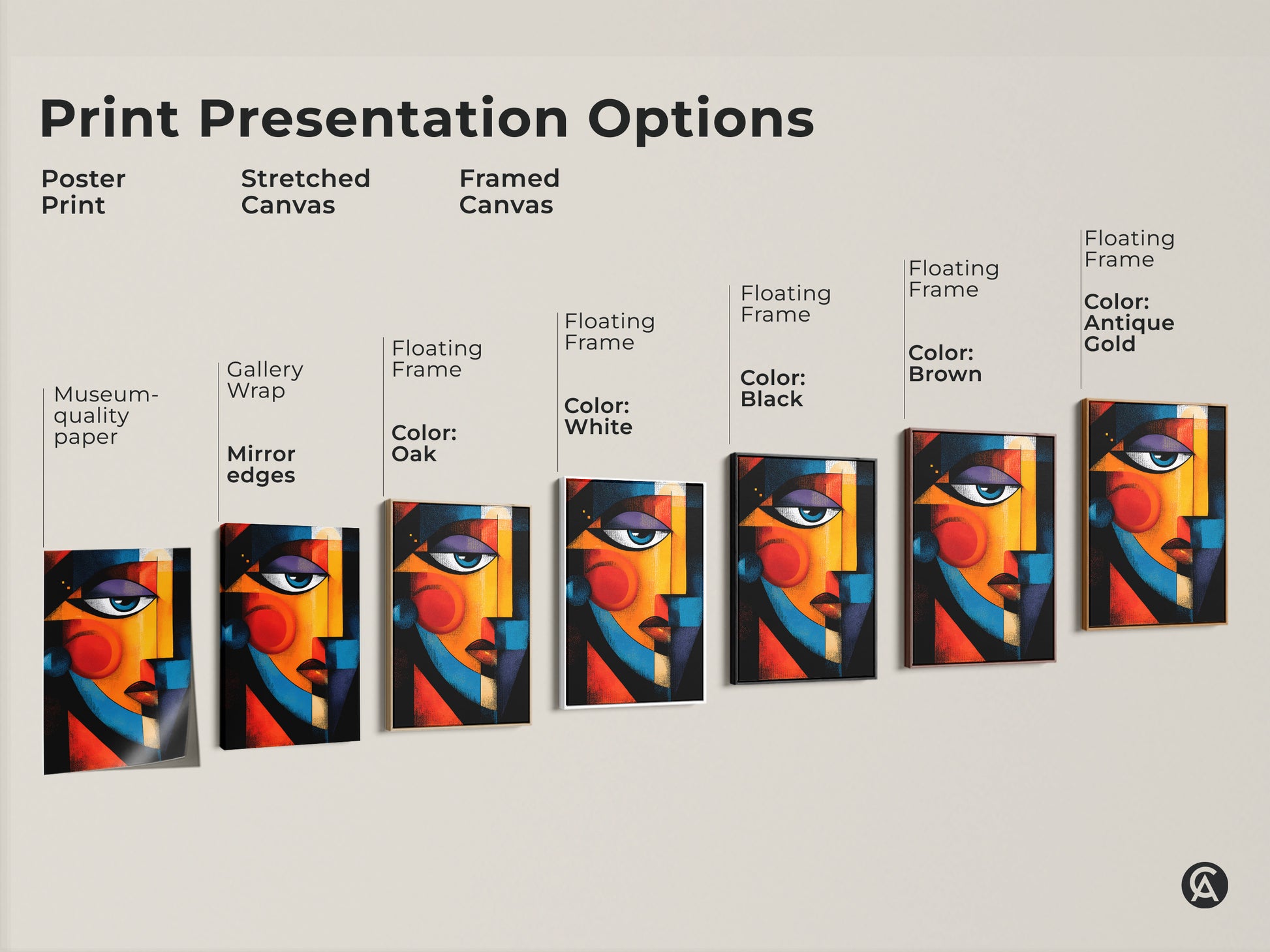 Explore print presentation options for abstract face artwork. Choose from poster prints stretched canvas or framed canvas. Customize with floating frames in various colors to match your style.
