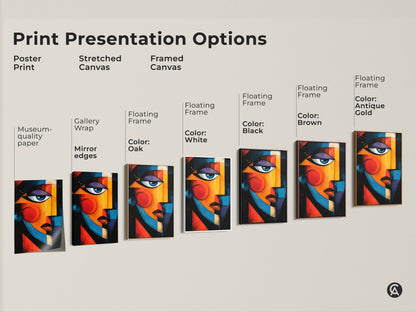 Explore print presentation options for abstract face artwork. Choose from poster prints stretched canvas or framed canvas. Customize with floating frames in various colors to match your style.
