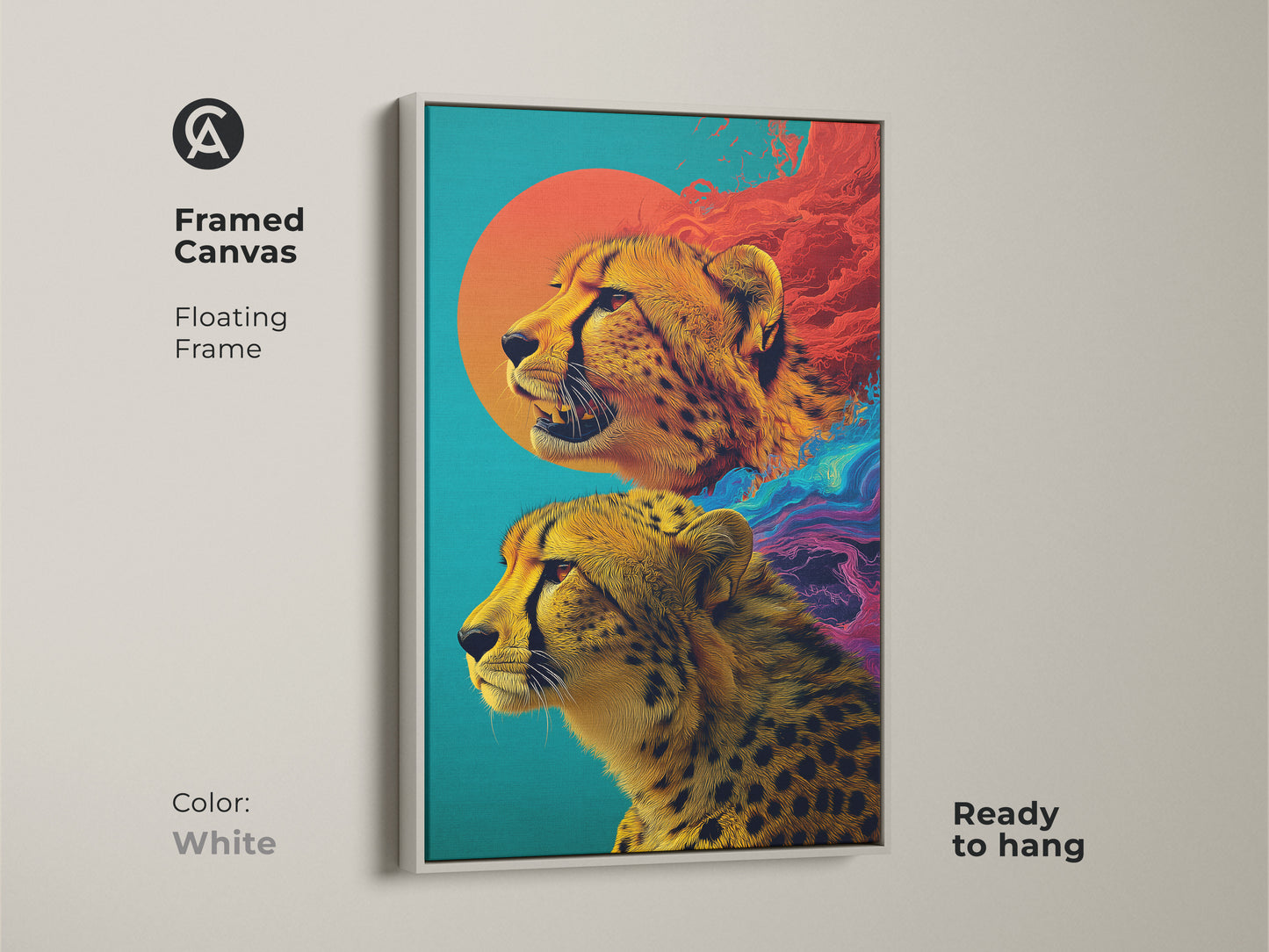 Sizing guide for cheetah abstract canvas and poster art prints. Sizes range from small to large. Vertical orientation options shown with teal orange and sun design. Perfect for eclectic bedroom decor or a modern home office. Choose the ideal size for a striking animal lover gift.