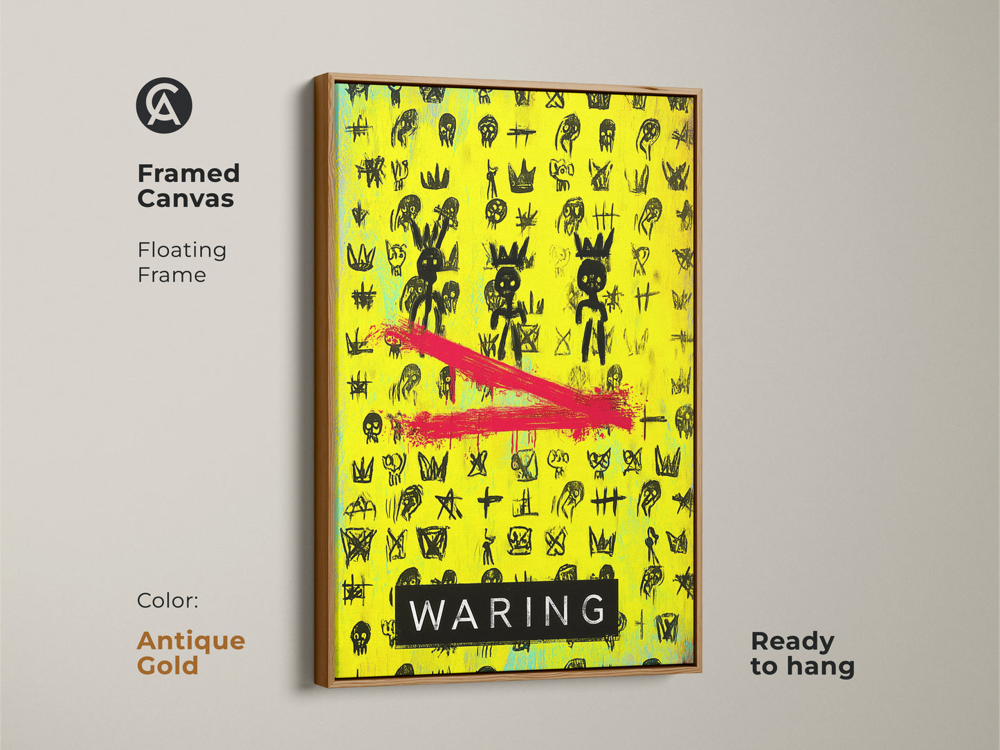Framed canvas featuring neon yellow and black graffiti with crowns and skulls. The antique gold floating frame adds a touch of elegance to this street art print. A great choice for teen room decor or office wall art. This pop art canvas is a unique and edgy home decor piece.