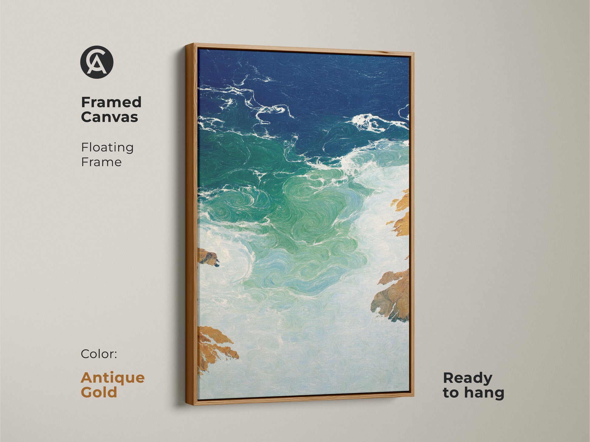 Framed Canvas in Antique Gold color is a ready to hang abstract ocean waves artwork. A deep blue emerald seascape is coastal modern wall art providing artistic ocean view. This residential abstract painting on canvas can be a unique beach lover housewarming gift. Its nautical wall decor print enhances any room.