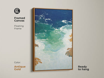 Framed Canvas in Antique Gold color is a ready to hang abstract ocean waves artwork. A deep blue emerald seascape is coastal modern wall art providing artistic ocean view. This residential abstract painting on canvas can be a unique beach lover housewarming gift. Its nautical wall decor print enhances any room.