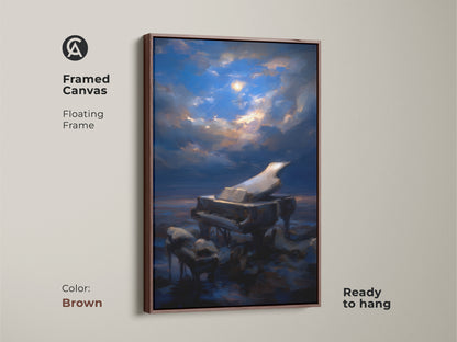 Framed canvas showcasing surreal grand piano artwork. This moonlit night sky art is ready to hang. The floating brown frame complements its deep blue and gold tones. A perfect eclectic home office art piece. Ideal gift for musicians and art enthusiasts. The canvas enhances any music lover's home.