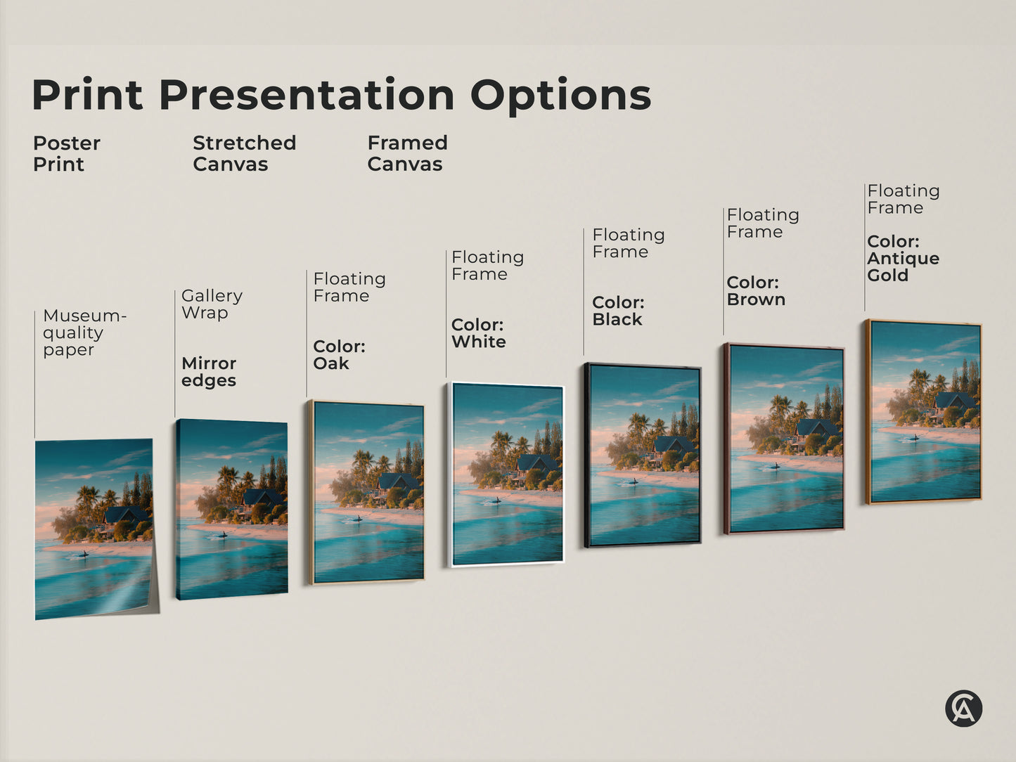 Explore print presentation options for beach scene artwork. Choose from poster prints stretched canvases and framed canvases. Options include gallery wrap mirror edges and floating frames. Select from black brown white and antique gold frames. Find the perfect style for your coastal art.
