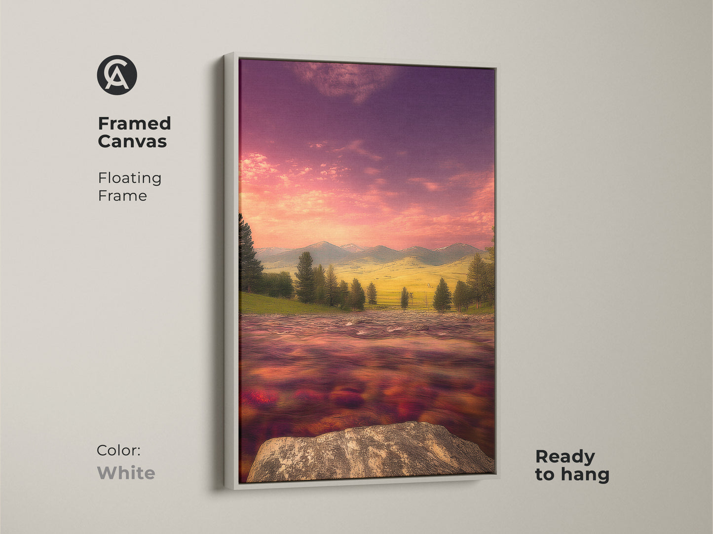 White framed canvas art. Impressionist style river and mountain scenery displayed. Features a painterly pink purple sky. This framed canvas is ready to hang. It is perfect artistic home decor. A great gift for nature lovers who like scenic landscapes.