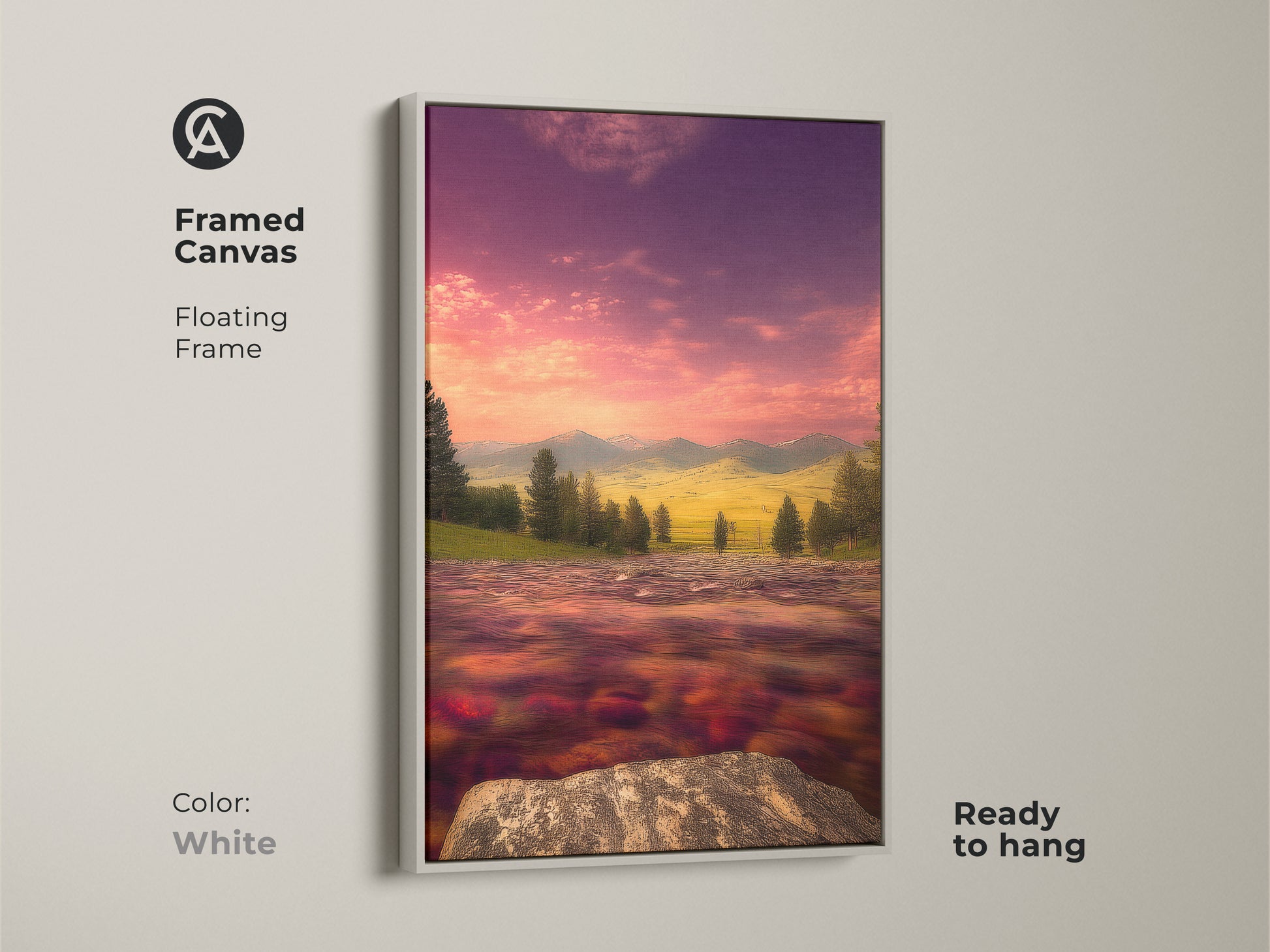 White framed canvas art. Impressionist style river and mountain scenery displayed. Features a painterly pink purple sky. This framed canvas is ready to hang. It is perfect artistic home decor. A great gift for nature lovers who like scenic landscapes.