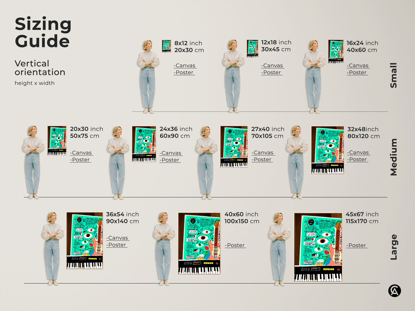 This sizing guide features canvas and poster prints with a teal orange pop art. See how the music guitar keyboard artwork fits in various spaces. The eclectic style and doodle aesthetic make it ideal for adding personality to any room. Perfect for music lovers.