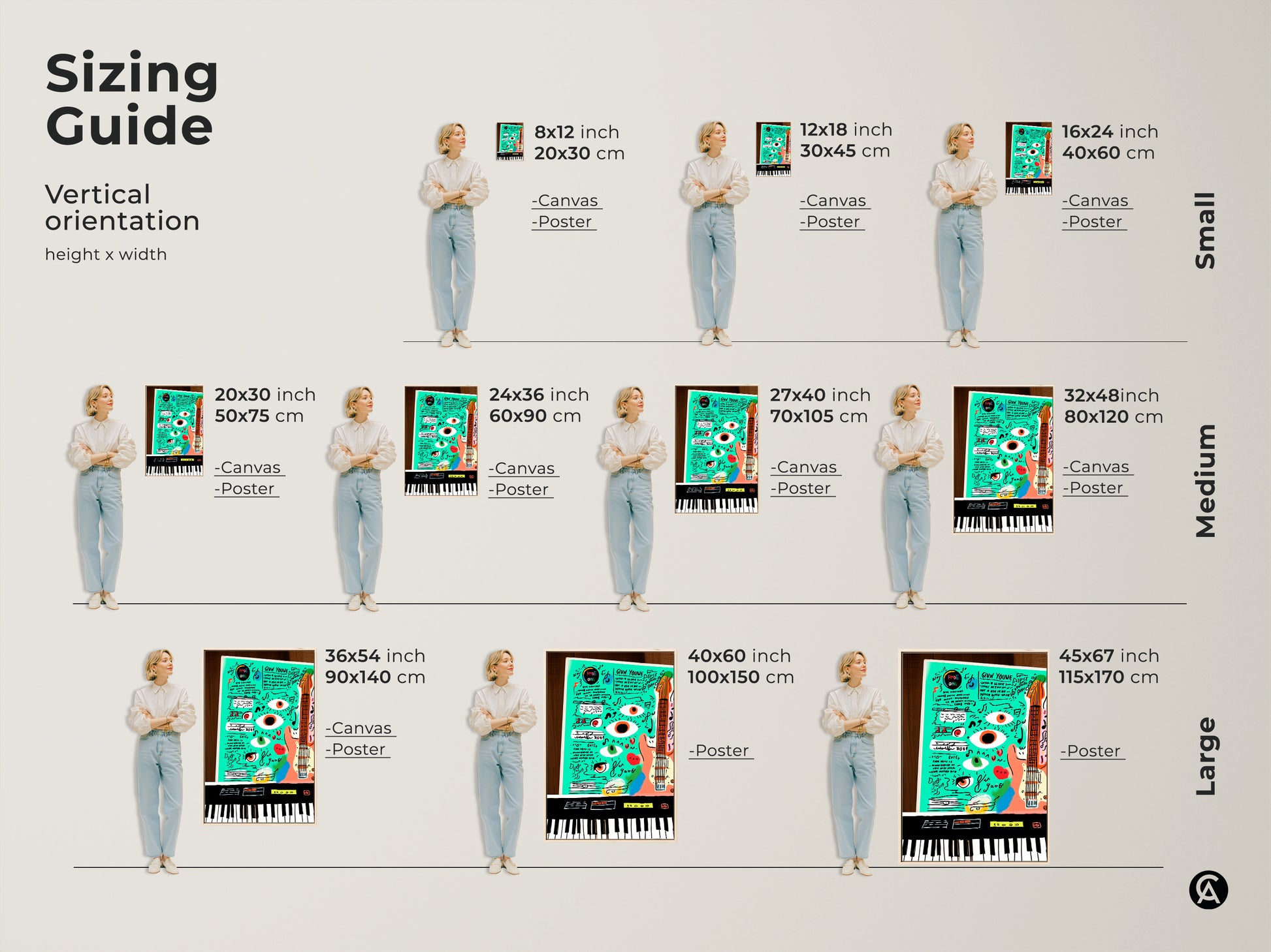 This sizing guide features canvas and poster prints with a teal orange pop art. See how the music guitar keyboard artwork fits in various spaces. The eclectic style and doodle aesthetic make it ideal for adding personality to any room. Perfect for music lovers.