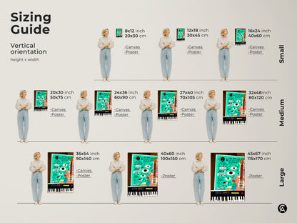 This sizing guide features canvas and poster prints with a teal orange pop art. See how the music guitar keyboard artwork fits in various spaces. The eclectic style and doodle aesthetic make it ideal for adding personality to any room. Perfect for music lovers.