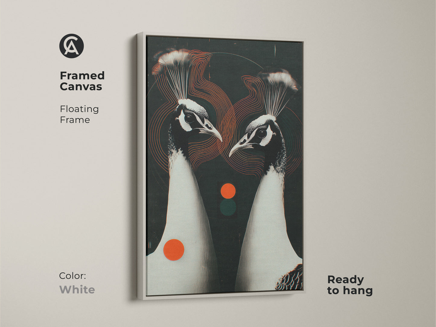 White framed canvas featuring a Geometric Peacock Couple. This floating frame artwork is ready to hang. The animal art decor has contemporary black white and red accents. Ideal for a modern living room.