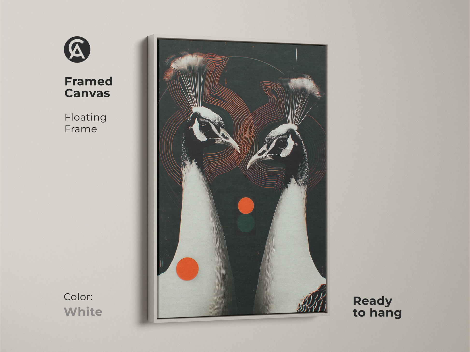 White framed canvas featuring a Geometric Peacock Couple. This floating frame artwork is ready to hang. The animal art decor has contemporary black white and red accents. Ideal for a modern living room.