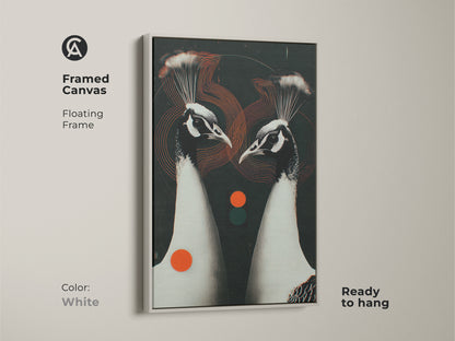 White framed canvas featuring a Geometric Peacock Couple. This floating frame artwork is ready to hang. The animal art decor has contemporary black white and red accents. Ideal for a modern living room.