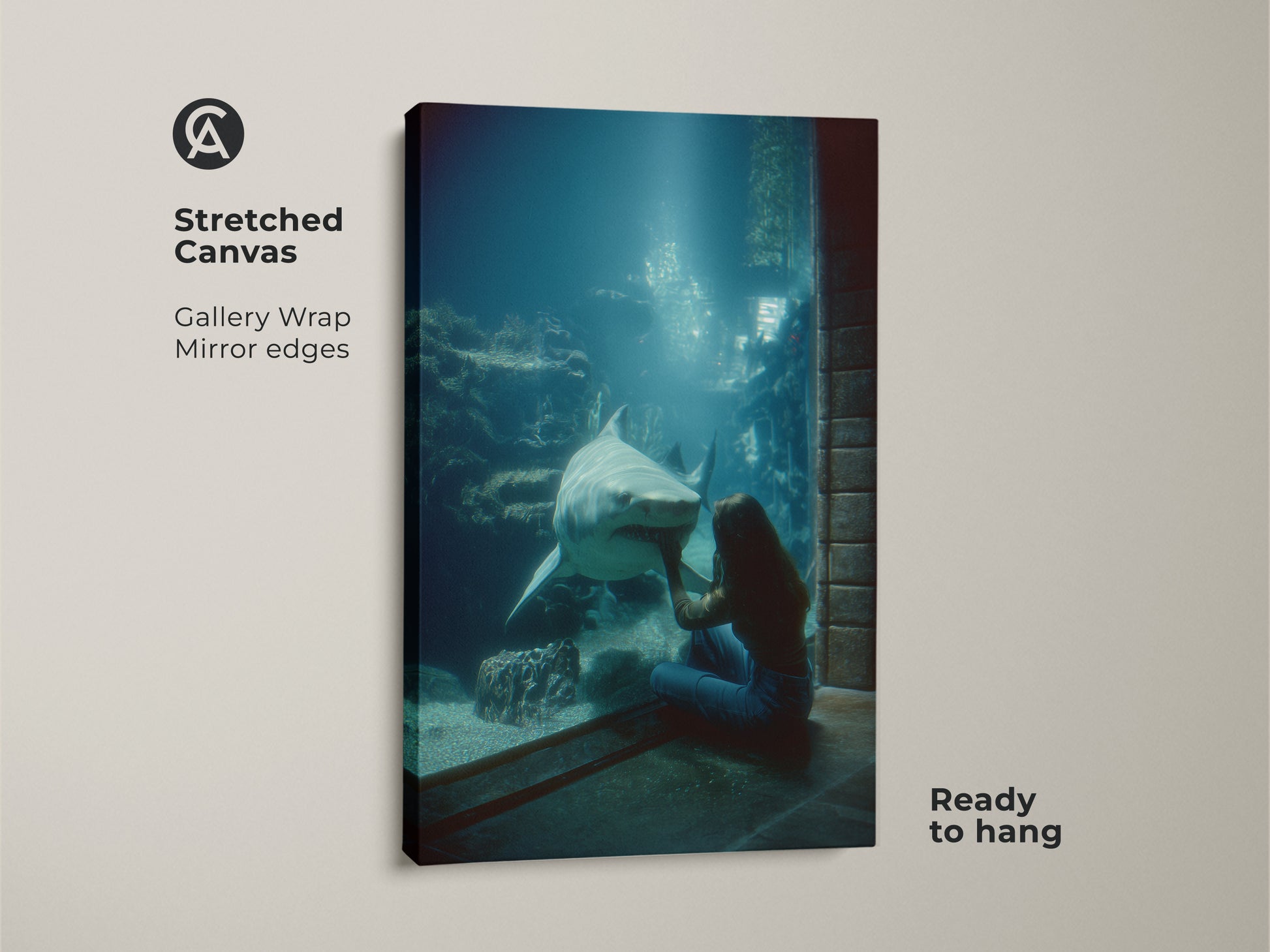 Stretched Canvas Oceanic Encounter art. Gallery wrapped with mirrored edges. The blue and green underwater scene features a woman and shark. Ready to hang marine life decor. A unique housewarming gift. Perfect animal lover wall art. This contemporary canvas enhances any room with its deep sea creature print.