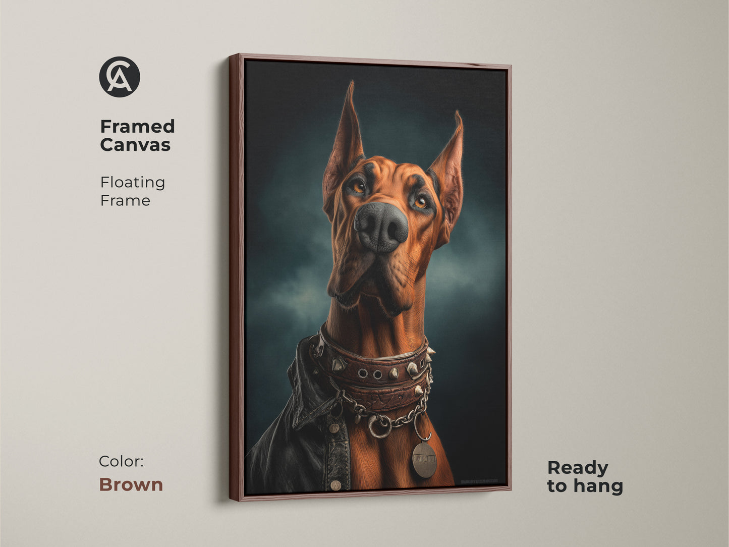 Brown framed canvas art of a Doberman with floating frame is ready to hang. The photorealistic Doberman art features a studded collar and russet leather jacket. The unique animal portrait is ideal for a den or home office. The russet and teal dog artwork is eclectic.
