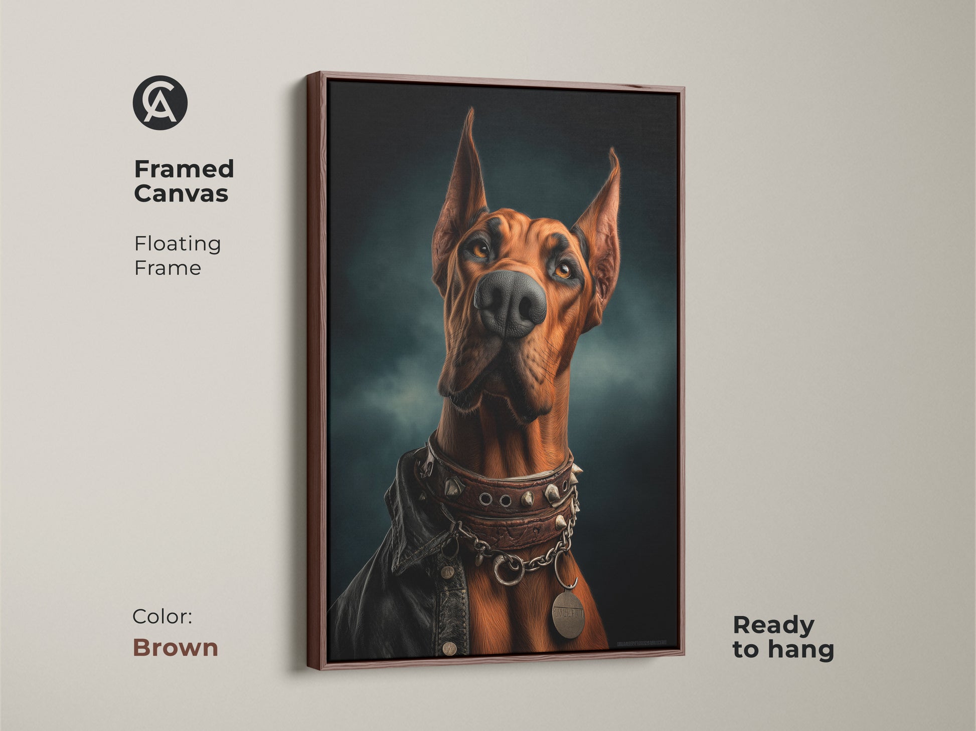 Brown framed canvas art of a Doberman with floating frame is ready to hang. The photorealistic Doberman art features a studded collar and russet leather jacket. The unique animal portrait is ideal for a den or home office. The russet and teal dog artwork is eclectic.
