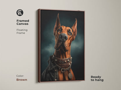 Brown framed canvas art of a Doberman with floating frame is ready to hang. The photorealistic Doberman art features a studded collar and russet leather jacket. The unique animal portrait is ideal for a den or home office. The russet and teal dog artwork is eclectic.