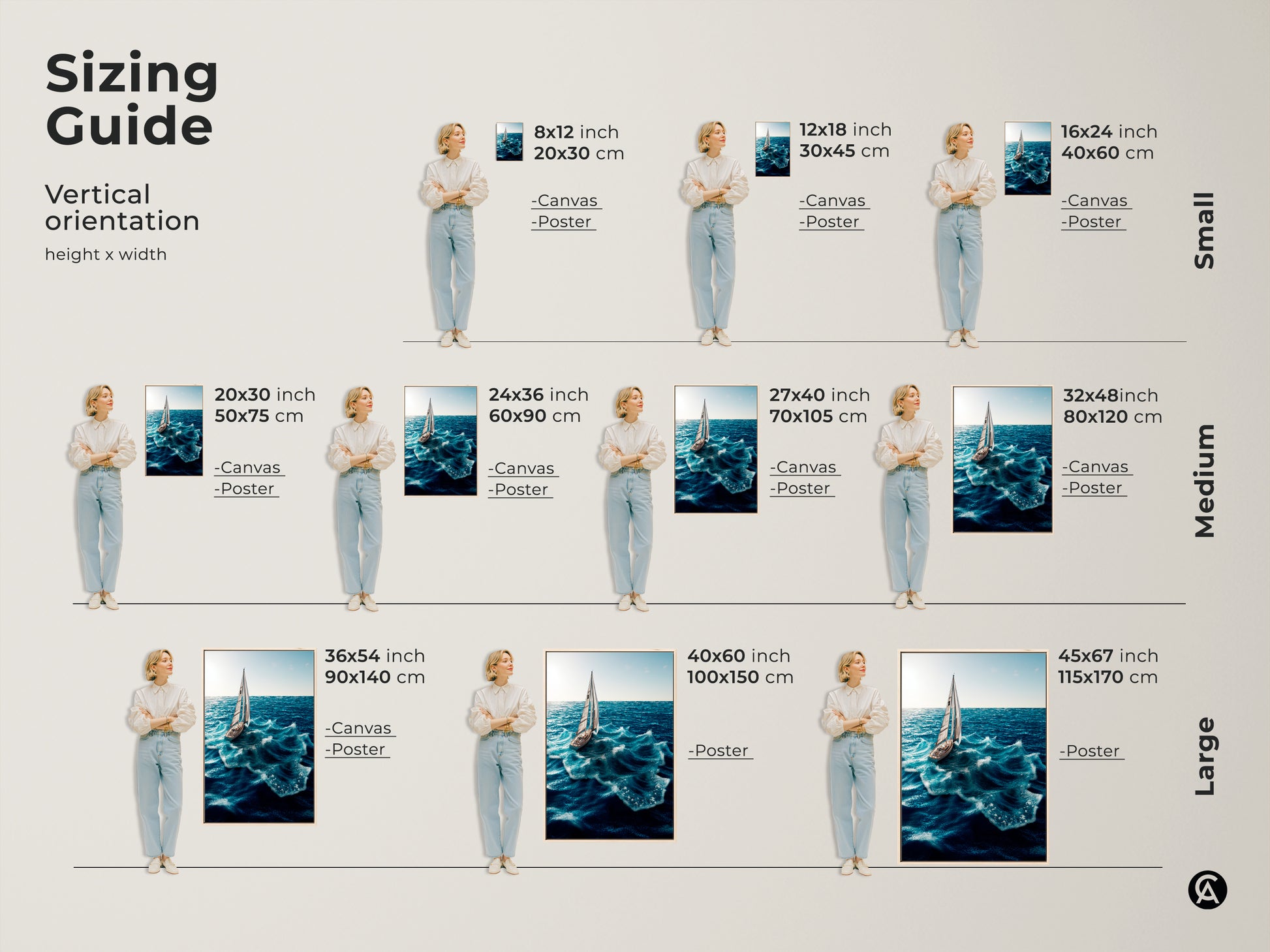 Sizing guide for vertical orientation artwork. Available as canvas or poster. Choose from small medium and large sizes. The artwork shows a sailboat on ocean waves. Find the perfect fit for your coastal nautical wall decor. Ideal for any space.