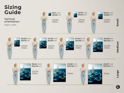Sizing guide for vertical orientation artwork. Available as canvas or poster. Choose from small medium and large sizes. The artwork shows a sailboat on ocean waves. Find the perfect fit for your coastal nautical wall decor. Ideal for any space.