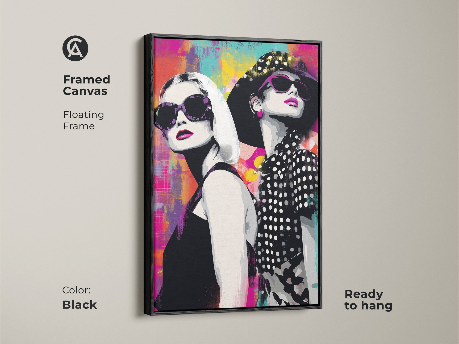 Framed canvas with a black floating frame featuring a pop art portrait of two women in sunglasses. The abstract background showcases magenta teal and yellow tones. It is ready to hang this contemporary artwork adds chic style to any space. Perfect for modern living room or bedroom decor. A fashionable piece.