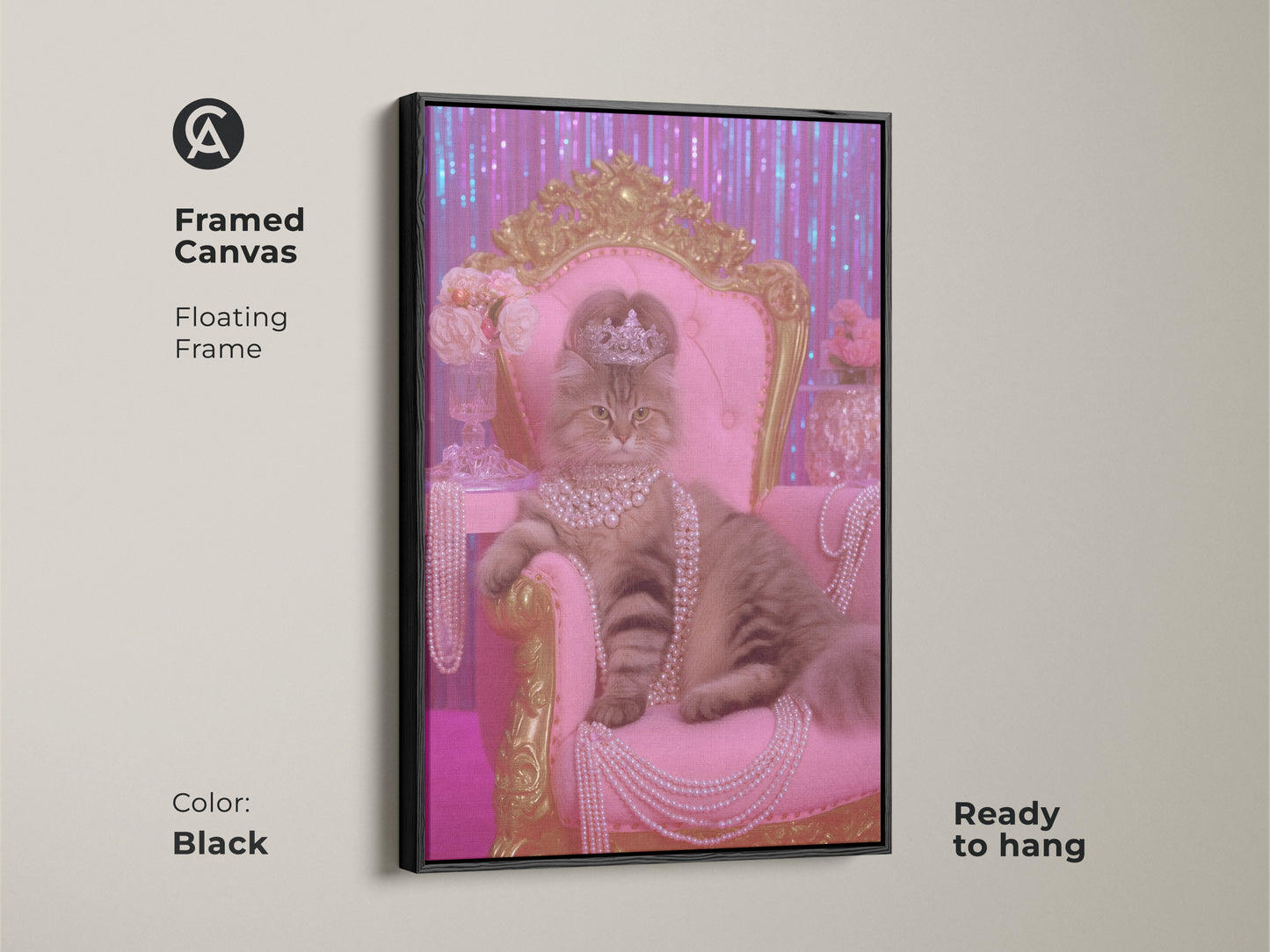 Framed canvas art featuring a crowned cat on a pink throne with a black floating frame. This glam cat wall art is ready to hang. The luxury cat decor adds a touch of elegance. This pink gold animal art makes a perfect cat mom birthday gift. Enhance your eclectic bedroom with this unique pet portrait.