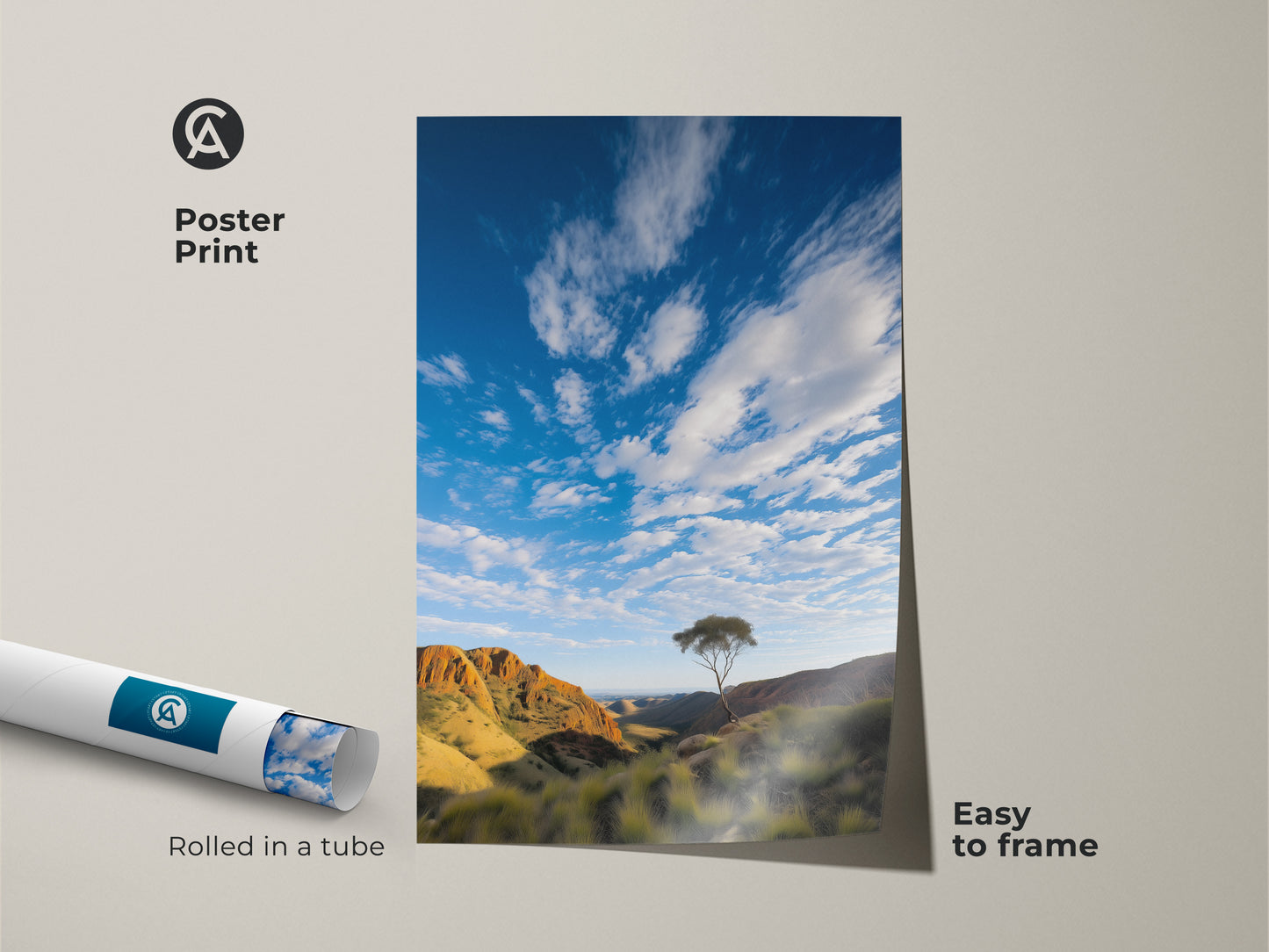 Poster print of a scenic Australian Outback landscape. This mountain art print showcases a lone tree against a vast blue sky. Easy to frame this nature artwork brings the beauty of the Outback to your home. A great gift for nature lovers and hiking enthusiasts.