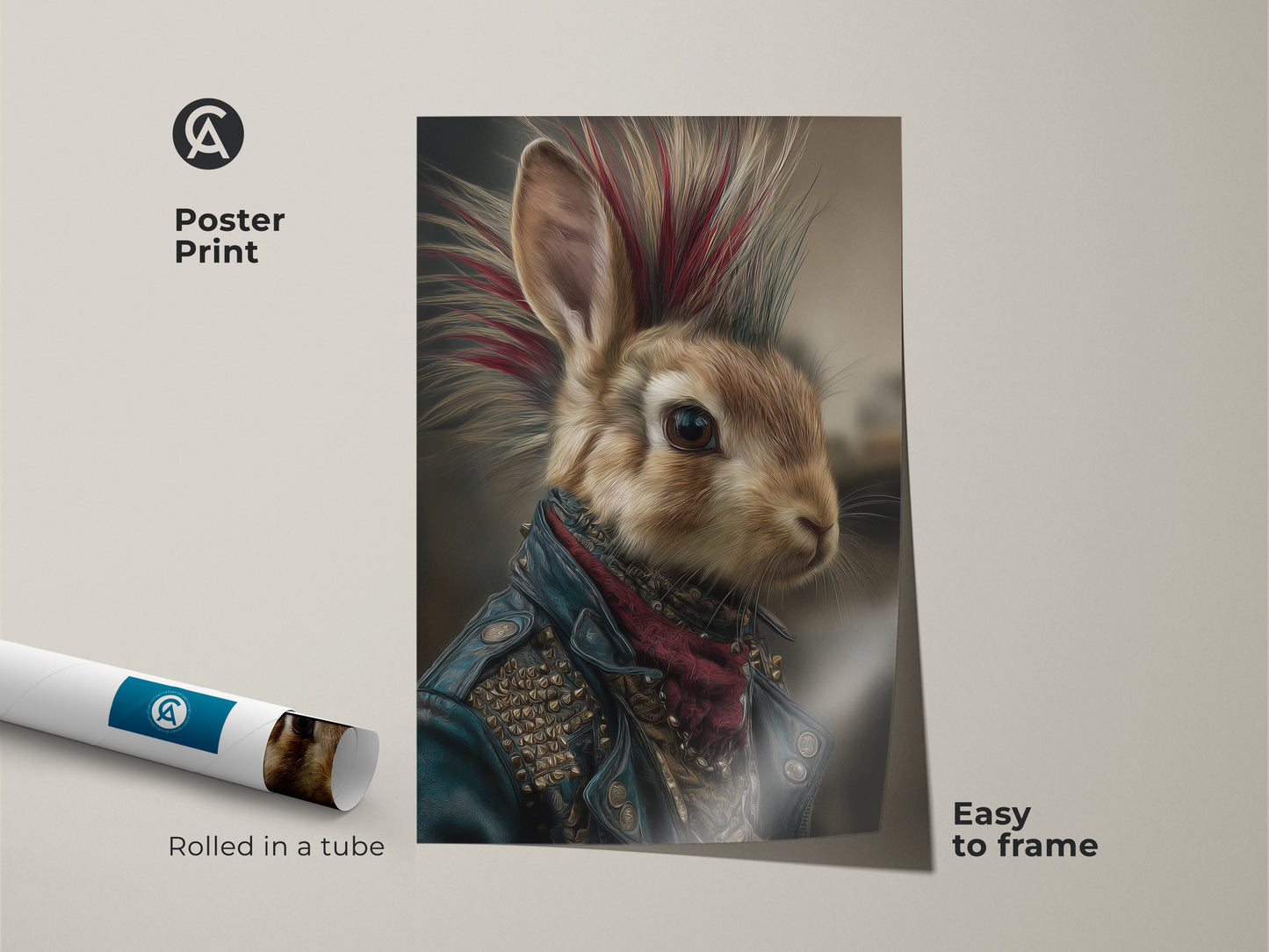 Framed canvas showcasing a punk rock bunny with a mohawk and leather jacket. The floating frame enhances this gothic animal artwork. The black frame is ready to hang for your man cave or study decor for an edgy style.