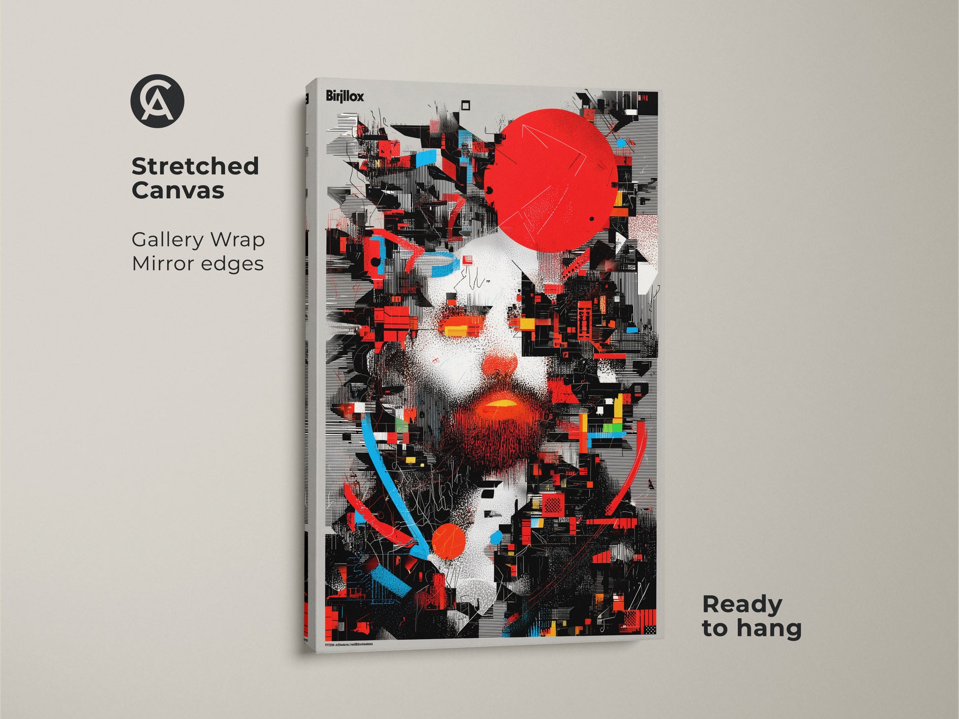 A stretched canvas featuring an abstract man portrait. This gallery wrap has mirror edges. The glitch art wall decor has a deconstructivist abstract style. It's a geometric man face artwork in red blue and black. Ready to hang for modern office wall decor.