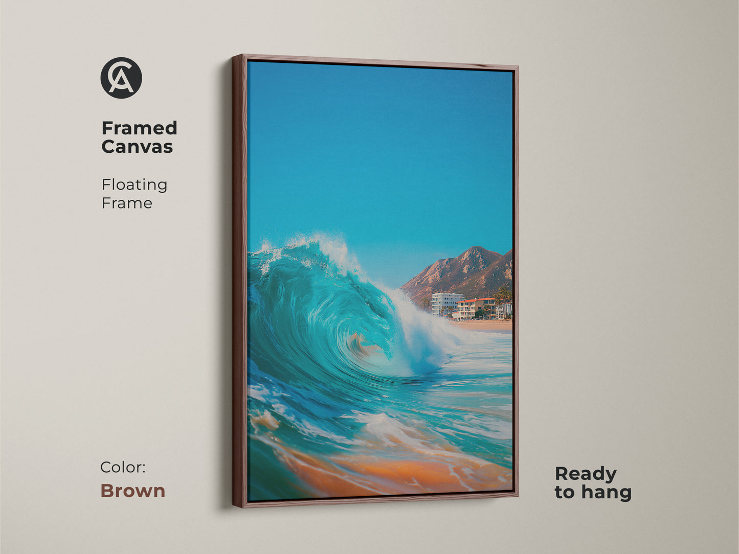 Framed canvas art of a mesmerizing blue wave. Brown floating frame complements this beach art. The canvas artwork is ready to hang. Ideal for adding a coastal touch to your home.