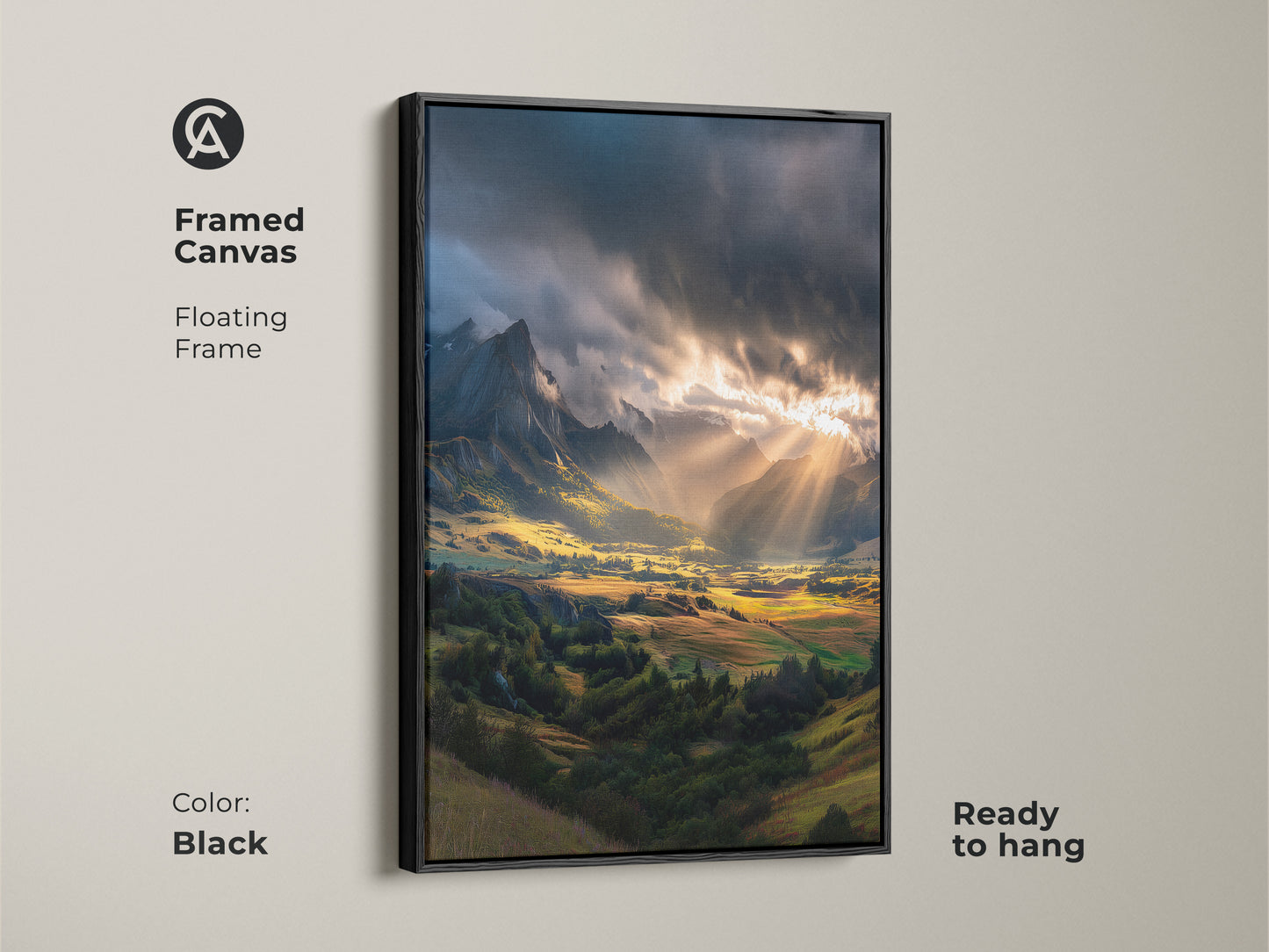 Framed canvas featuring a dramatic mountain scene. The floating frame in black enhances the sunlit mountain valley. Ready to hang this grand landscape art brings serene vibes. A premium canvas print for rustic home interior.