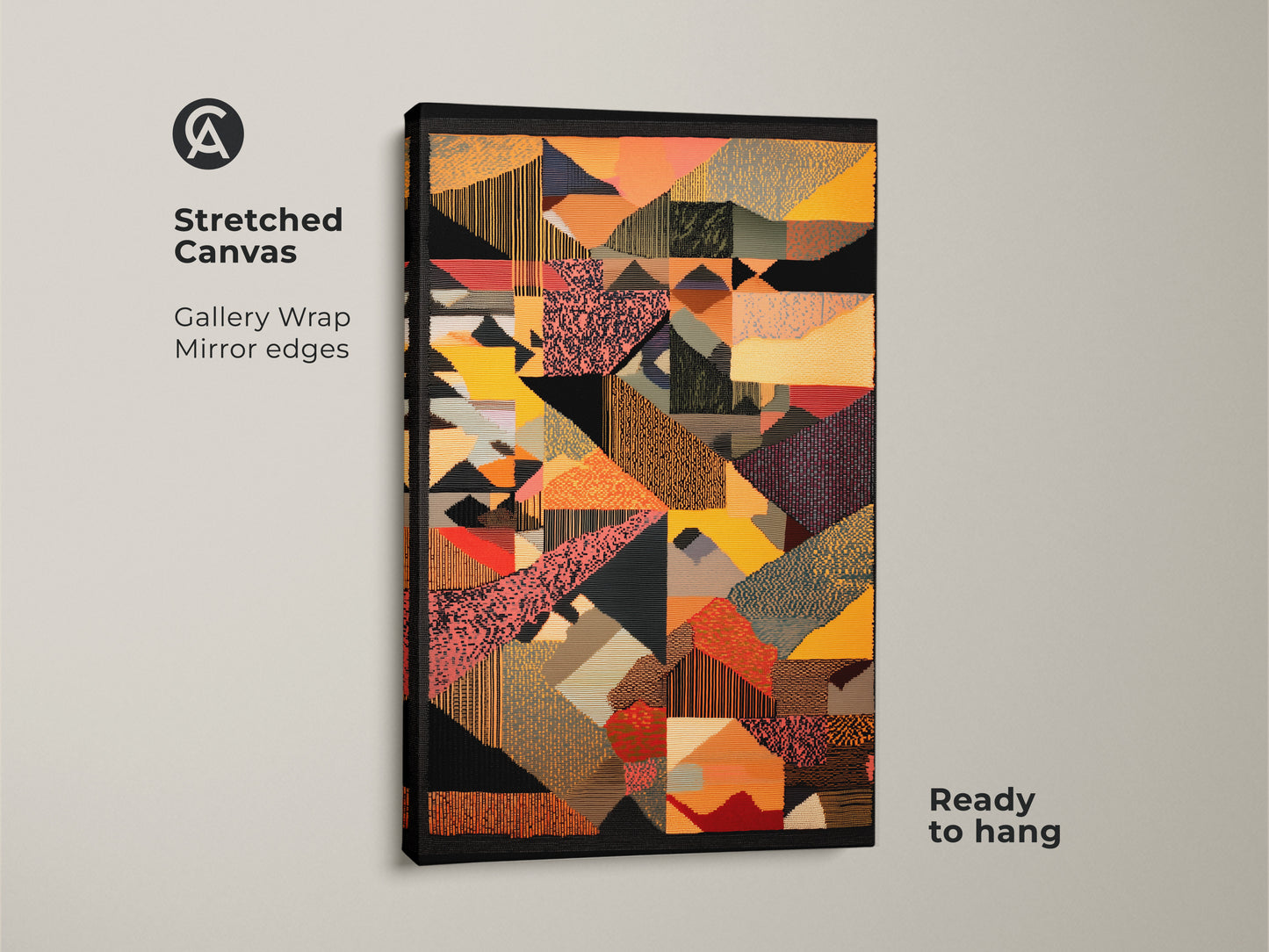 Stretched canvas featuring abstract geometric wall art. Mid-century modern art print in eclectic yellow red and orange. This unique canvas is ready to hang. A great housewarming gift for art enthusiasts seeking distinctive home decor.