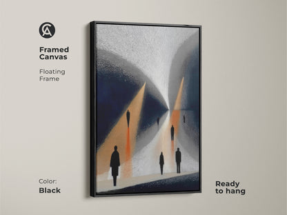 Framed Canvas with a Black Floating Frame showcasing Gold Navy Abstract Art. Contemporary figures walk a path. Minimalist silhouette canvas enhances entry hall wall art. This modern abstract figurative art is ready to hang.