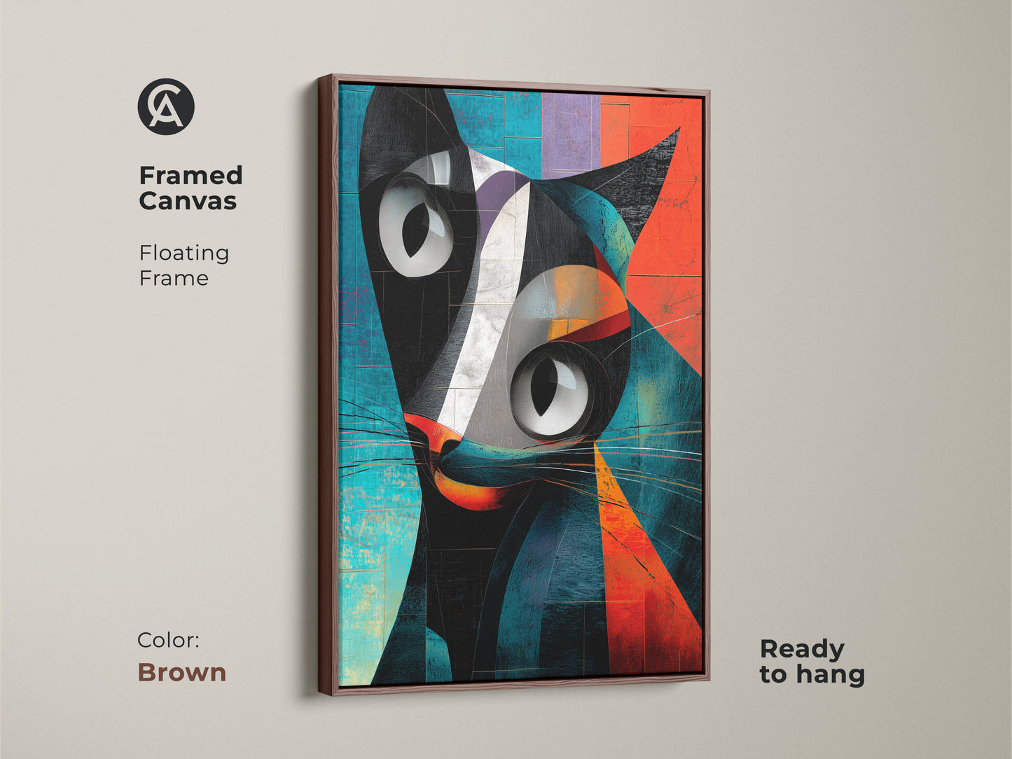 Framed canvas showcasing geometric cat artwork. The brown floating frame enhances the modern art. This abstract animal print is ready to hang. The black orange and teal colors offer a contemporary feel. This unique geometric print is perfect for cat lovers.