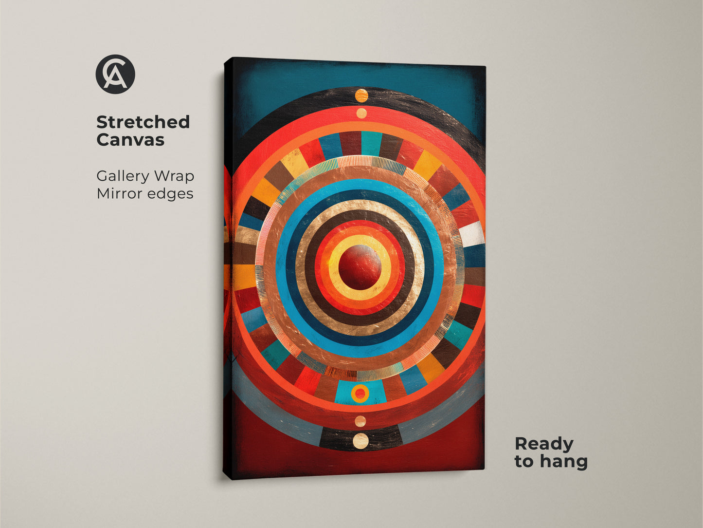 Stretched canvas gallery wrap features concentric circle abstract artwork. Mirror edges enhance the modern geometric art print in gold teal and crimson. This radiating pattern artwork is ready to hang adding vivid color to eclectic entryway decor. Ideal housewarming gift art for an art enthusiast.
