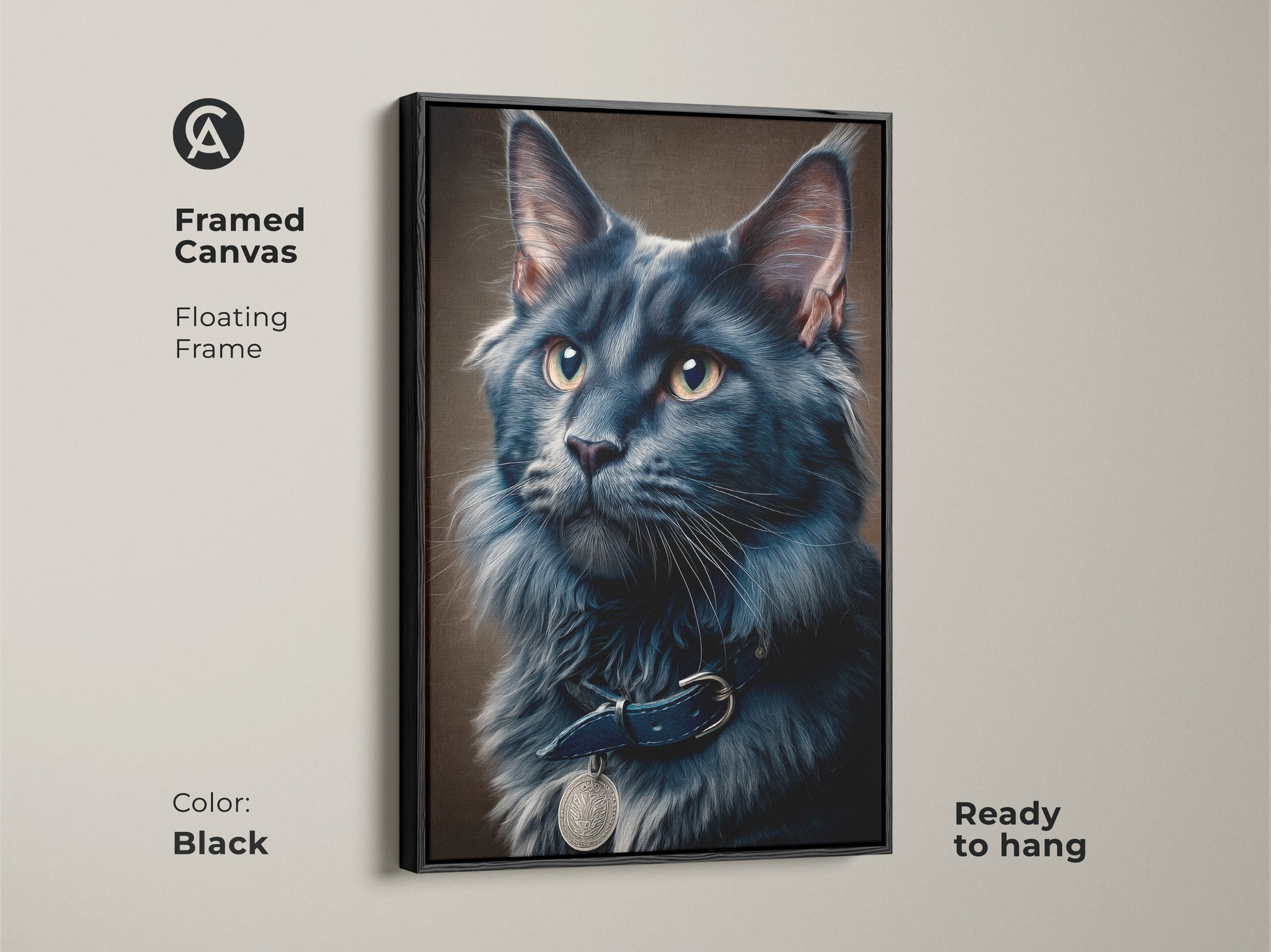The framed canvas features a floating frame in black showcasing a dark gray Maine Coon cat. This realistic feline portrait is ready to hang and makes a statement. Its a sophisticated and contemporary animal wall decor for pet enthusiasts.