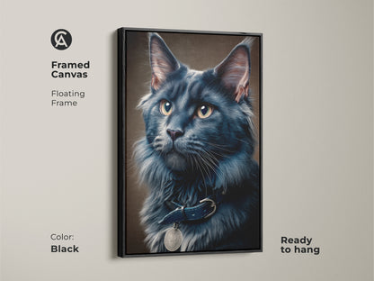 The framed canvas features a floating frame in black showcasing a dark gray Maine Coon cat. This realistic feline portrait is ready to hang and makes a statement. Its a sophisticated and contemporary animal wall decor for pet enthusiasts.