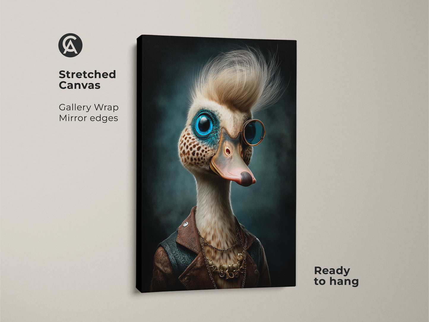 A gallery wrapped canvas featuring a steampunk duck. This animal portrait is a quirky piece of art. The monocle bird art print would look great in an eclectic office. This is a unique animal gift for a friend. It is ready to hang for easy display.