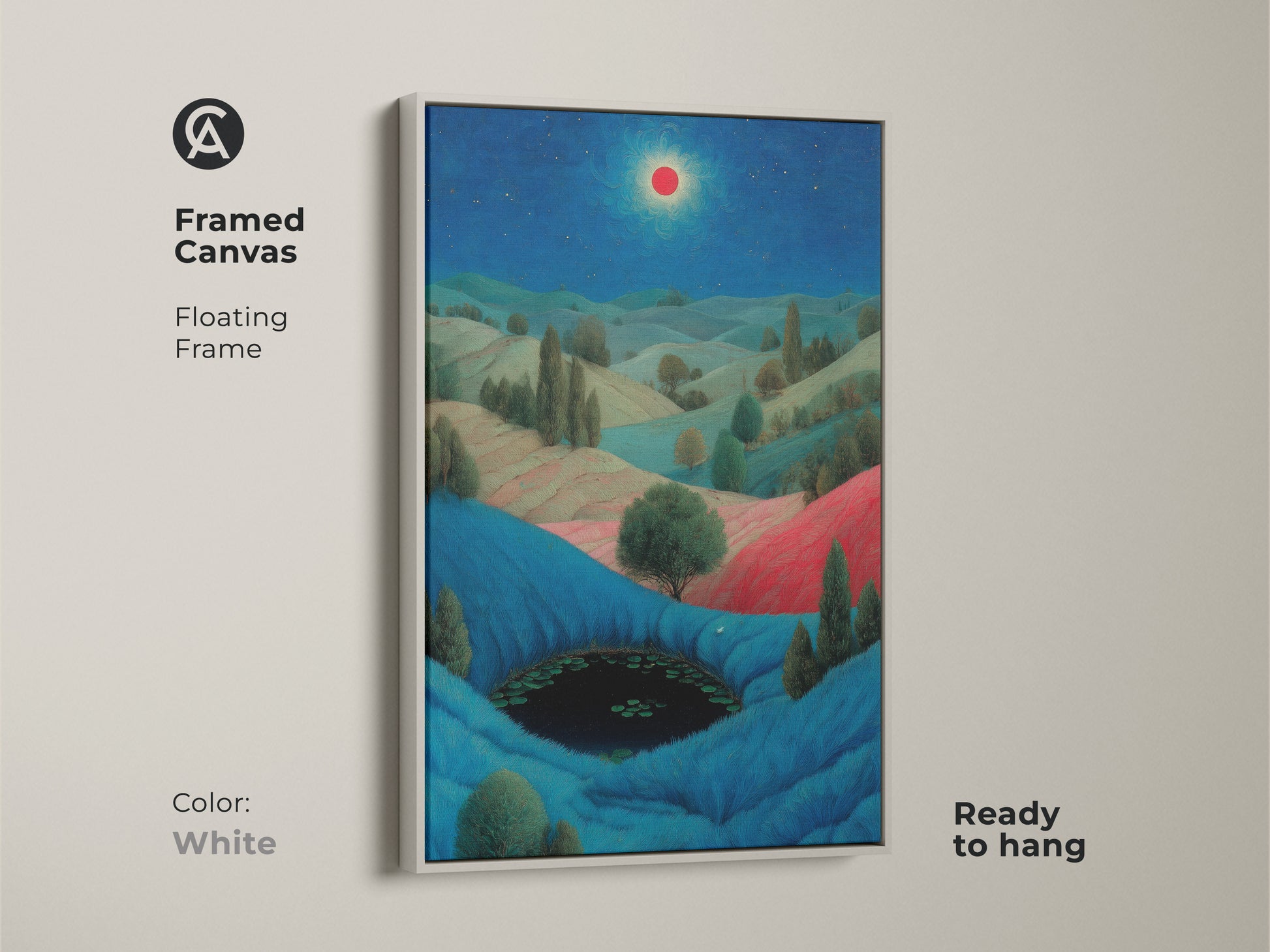 This is a close up of a pond. It is a surrealist landscape art print on canvas. The blue hills and vibrant red accents create a captivating scene. This is perfect for eclectic wall decor.