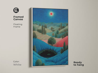 This is a close up of a pond. It is a surrealist landscape art print on canvas. The blue hills and vibrant red accents create a captivating scene. This is perfect for eclectic wall decor.