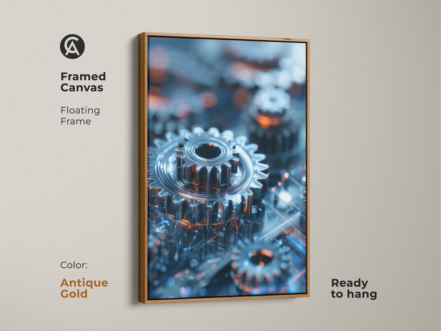 Framed canvas print of abstract gears with an antique gold floating frame. The industrial technology artwork features blue and orange machinery decor. This cyberpunk office artwork adds a metallic touch. Ready to hang this mechanical abstract art is perfect for a tech-themed home or office workstation. A gadget lover gift.