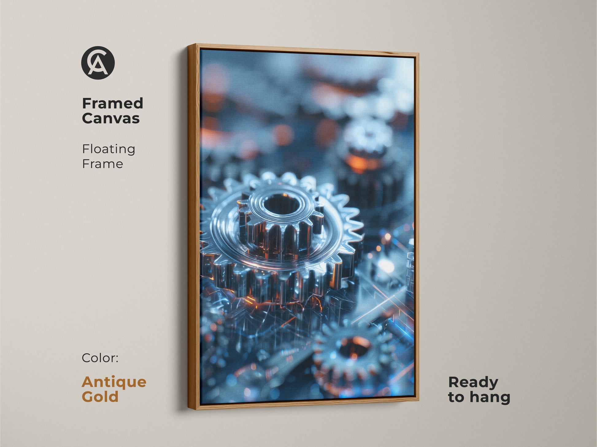 Framed canvas print of abstract gears with an antique gold floating frame. The industrial technology artwork features blue and orange machinery decor. This cyberpunk office artwork adds a metallic touch. Ready to hang this mechanical abstract art is perfect for a tech-themed home or office workstation. A gadget lover gift.