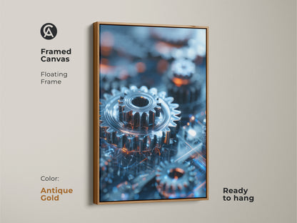 Framed canvas print of abstract gears with an antique gold floating frame. The industrial technology artwork features blue and orange machinery decor. This cyberpunk office artwork adds a metallic touch. Ready to hang this mechanical abstract art is perfect for a tech-themed home or office workstation. A gadget lover gift.